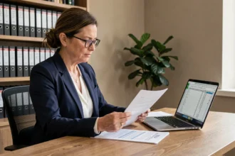 Femme analyste financière consultant des documents fiscaux liés aux SCPI et à la flat tax dans un bureau moderne