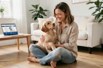 Femme cherchant une assurance chien sans délai de carence sur son ordinateur portable avec son golden retriever