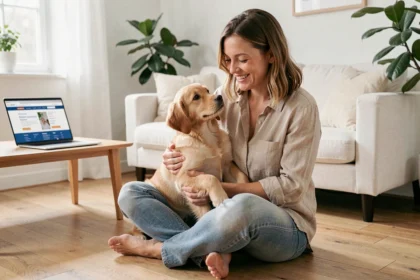 Femme cherchant une assurance chien sans délai de carence sur son ordinateur portable avec son golden retriever