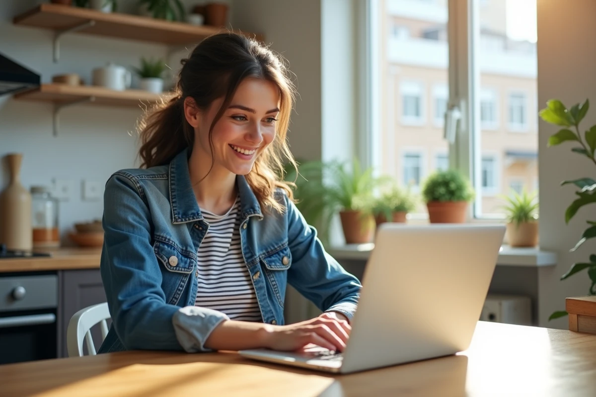 Jeune femme souriante vérifiant ses finances à la maison