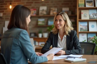 Femme d age moyen dans une banque rustique discutant de papiers