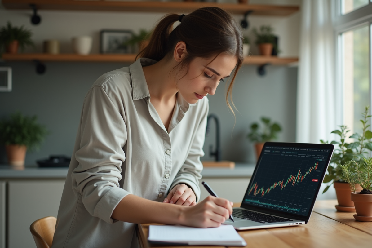 Jeune femme travaillant sur un ordinateur avec graphiques boursiers
