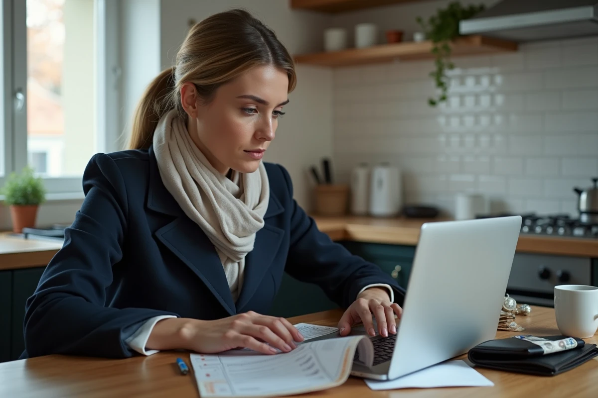Femme consultant son budget sur un ordinateur portable avec un paquet de cigarettes vide et des euros sur la table, illustrant les dépenses tabac en Belgique