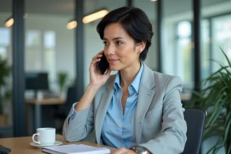 Femme d affaires au bureau parlant au téléphone