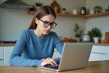 Jeune femme frustrée travaillant sur son ordinateur à la maison