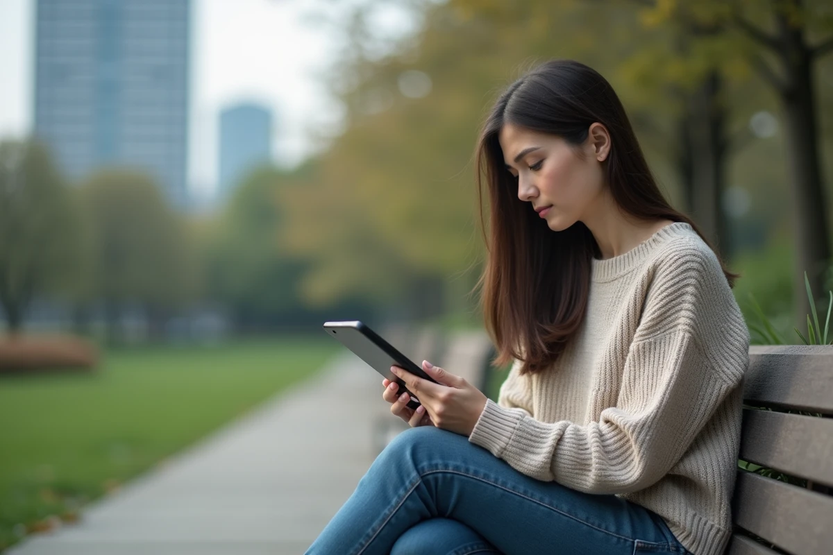 Jeune femme contemplative utilisant sa tablette dans un parc urbain