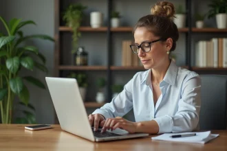 Femme d'âge moyen travaillant sur un ordinateur dans un bureau moderne