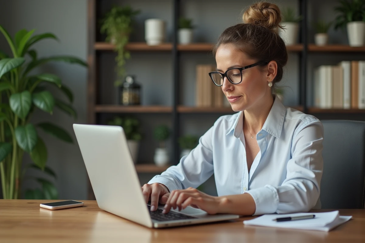 Femme d'âge moyen travaillant sur un ordinateur dans un bureau moderne