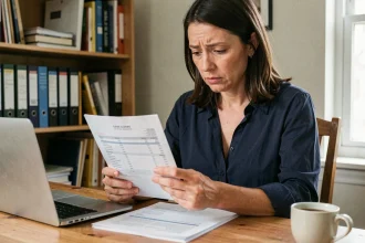 Femme consultant son bulletin de salaire et des documents administratifs liés au chômage à son bureau