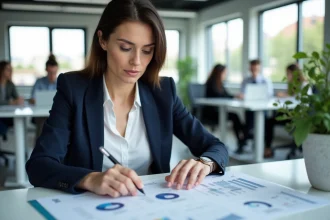 Femme cadre analysant des courbes salariales dans un bureau moderne à Paris