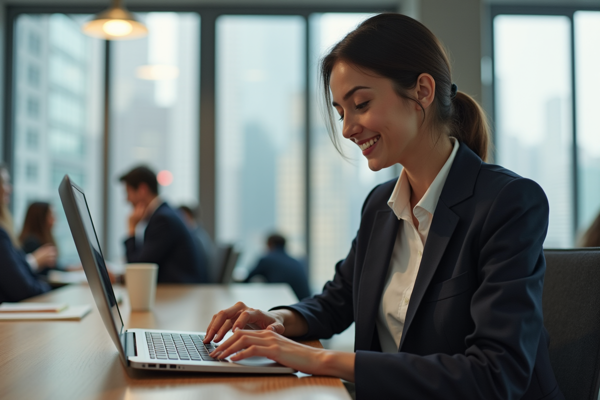 Jeune femme souriante utilisant une calculatrice dans un espace de coworking