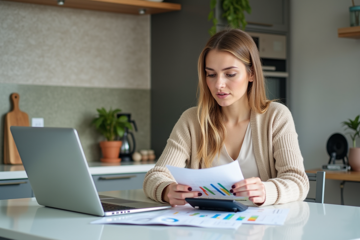 Jeune femme utilise une calculatrice avec un graphique financier