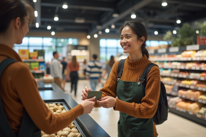 Jeune femme remettant sa carte bancaire au caissier en supermarche