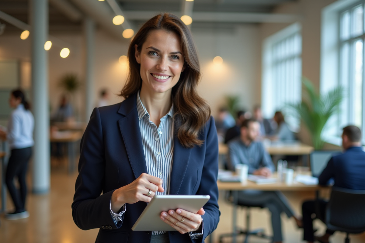 Femme souriante montre un graphique de plan 401k sur sa tablette