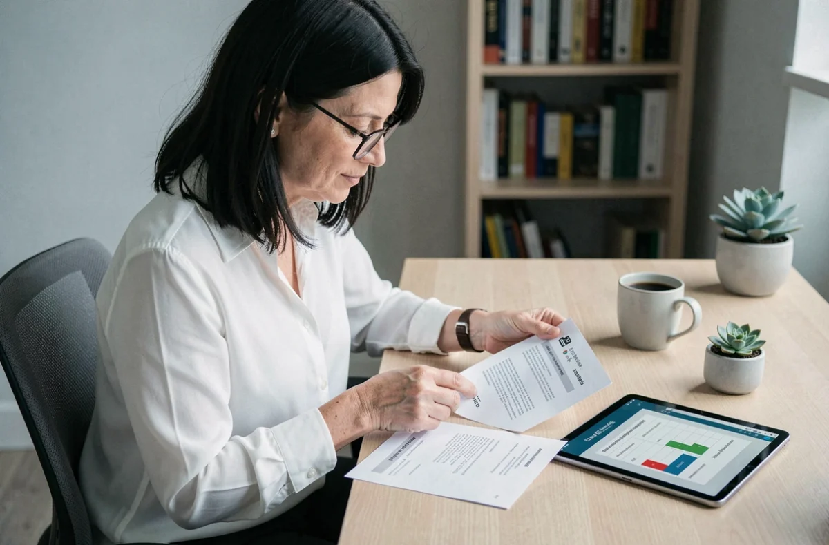 Femme comparant des offres de crédit immobilier pour financer des parts de SCPI depuis son bureau à domicile