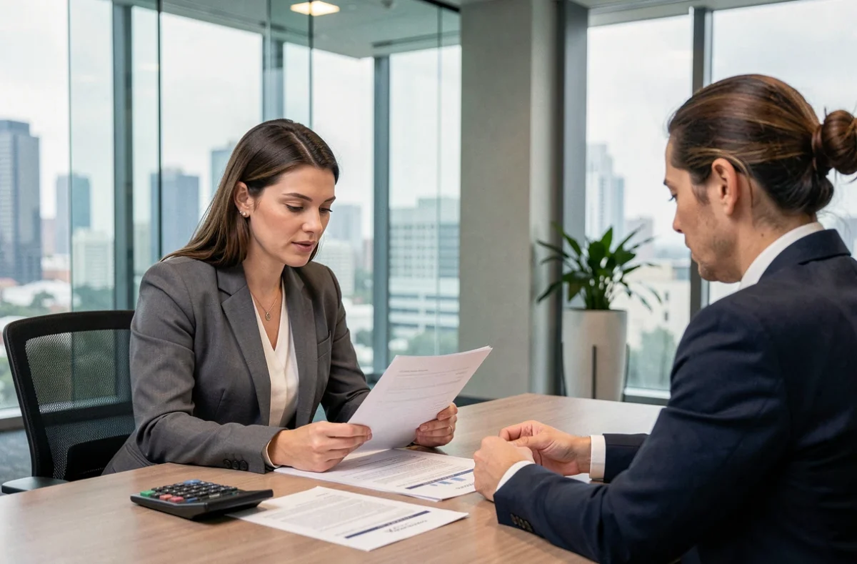 Femme consultant un conseiller bancaire pour comprendre le calcul de son assurance emprunteur