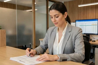 Femme consultant un conseiller bancaire pour un prêt immobilier avec un salaire de 2400 euros brut