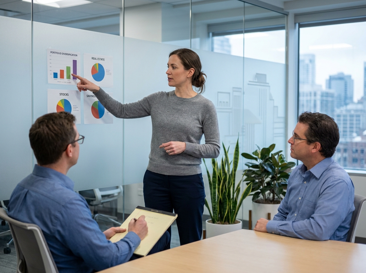 Femme discutant de diversification de patrimoine avec un conseiller financier dans un bureau moderne