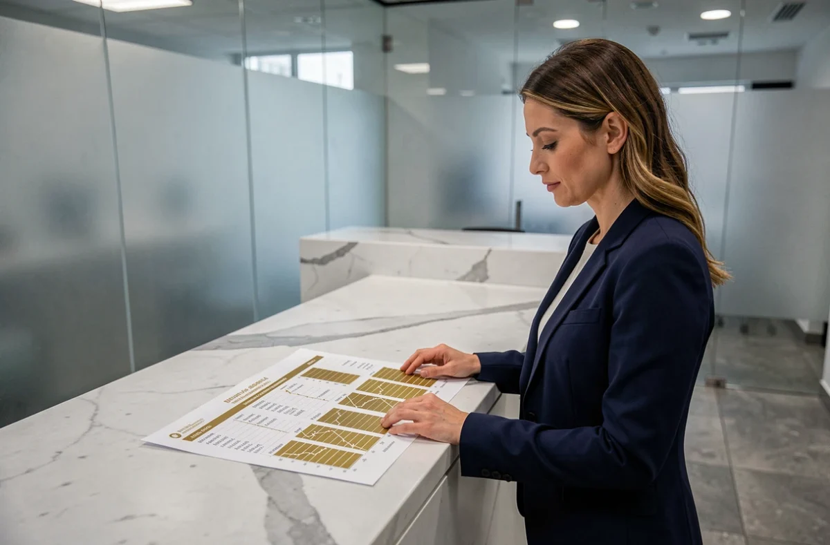 Femme consultant un tableau de prix de l'or 24 carats dans une banque professionnelle
