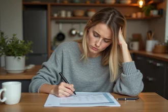 Femme consultant un relevé bancaire à la maison, découvrant un prélèvement ADIS inattendu