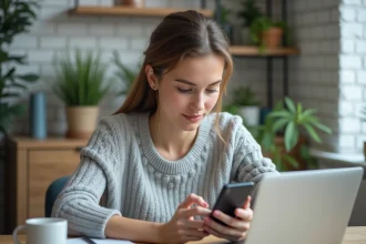 Jeune femme consultant l'espace client Nickel sur son smartphone pour contacter l'assistance