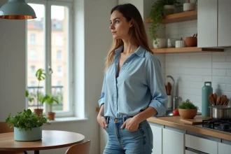 Femme préparant un repas dans une cuisine urbaine française