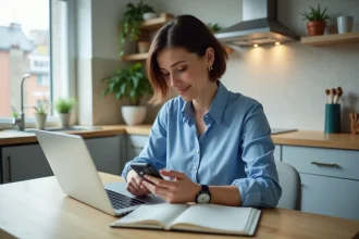 Femme d'âge moyen utilisant son smartphone dans la cuisine