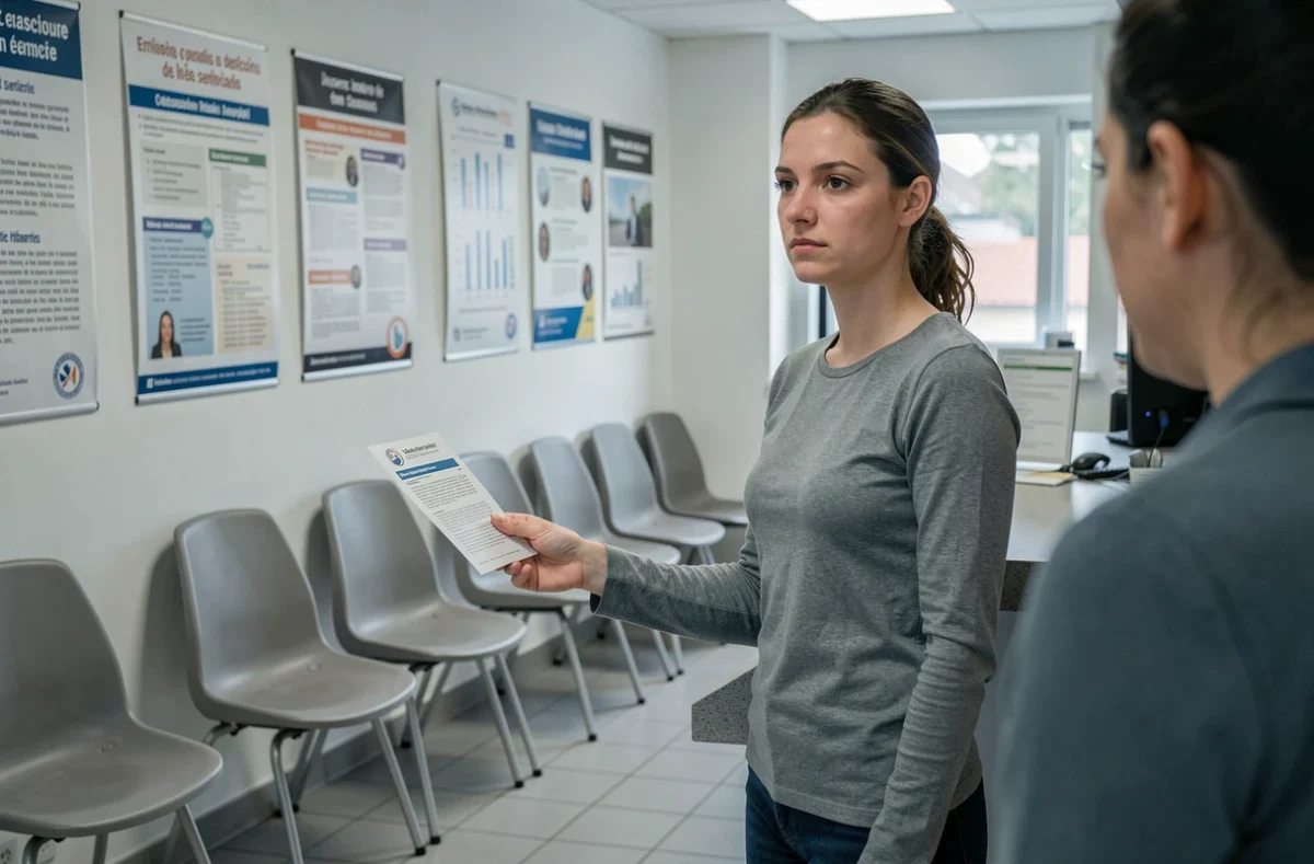 Femme déposant un dossier RSA dans un bureau des services sociaux en France