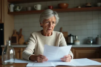 Femme consultant des documents officiels sur les versements de la CAF à son domicile