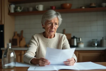 Femme consultant des documents officiels sur les versements de la CAF à son domicile