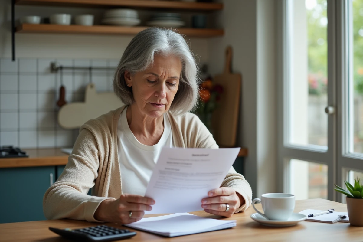 Une femme à la retraite anticipée étudie attentivement un courrier d'assurance sur le rachat de rente accident du travail chez elle