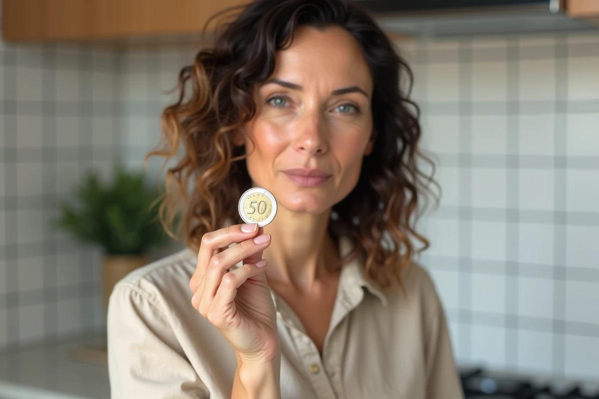 Femme examinant attentivement une pièce de 50 centimes d'euro entre ses doigts dans une cuisine
