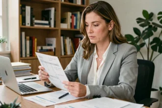 Femme consultant une fiche de paie avec des calculs de salaire brut et net sur un bureau à domicile