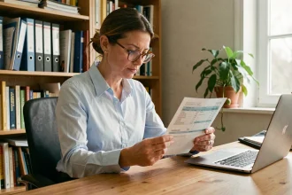 Femme examinant une fiche de paie à son bureau à domicile, illustrant le calcul du SMIC pour un contrat de 25 heures par semaine