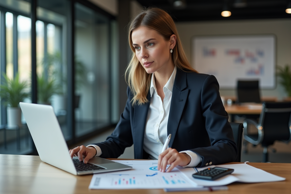 Femme d affaires analysant des graphiques financiers au bureau