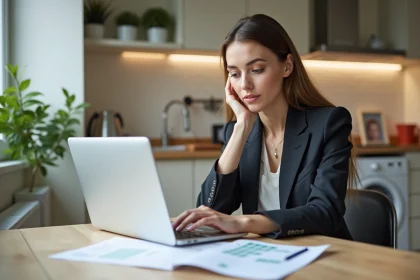 Femme en costume d'affaires examine documents financiers à la maison