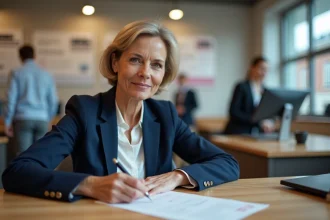 Femme remplissant un formulaire de CCP à La Banque Postale dans une agence postale française
