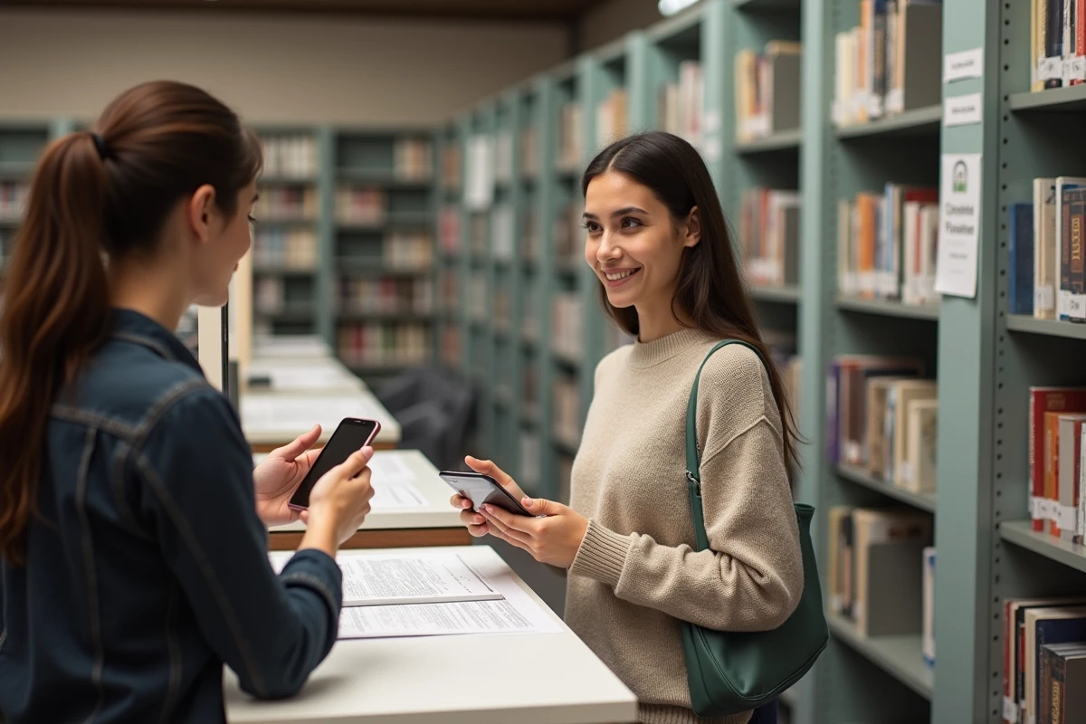 Jeune femme demandant des formulaires fiscaux à la bibliothèque