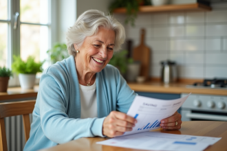 Femme âgée souriante examine un graphique d'épargne dans la cuisine