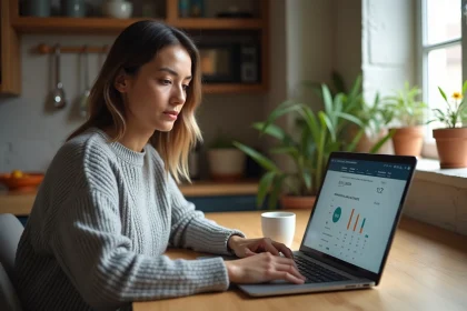 Femme gérant son budget familial sur le site LCL depuis son ordinateur portable dans une cuisine chaleureuse