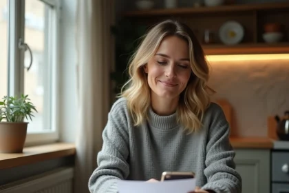 Femme sereine consultant son smartphone et des documents financiers dans une cuisine moderne, illustrant la gestion de budget mensuel sans stress
