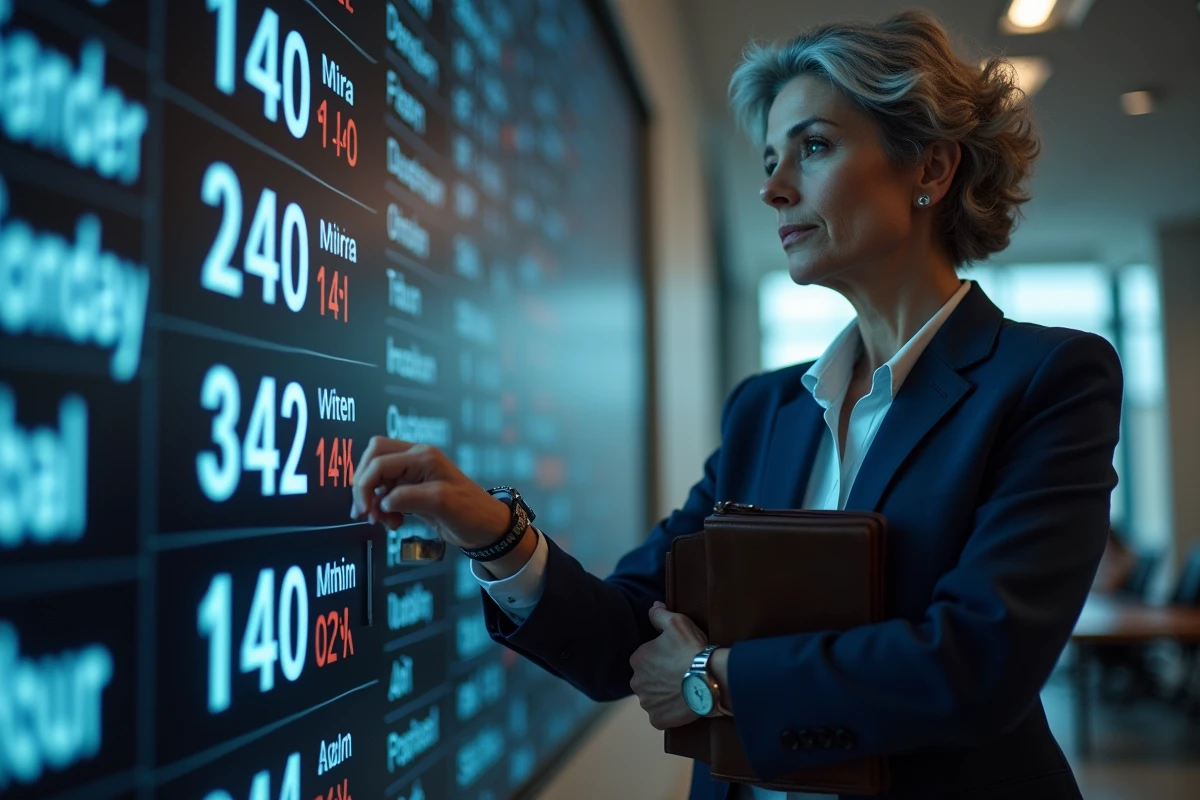Femme regardant une horloge mondiale dans un bureau moderne
