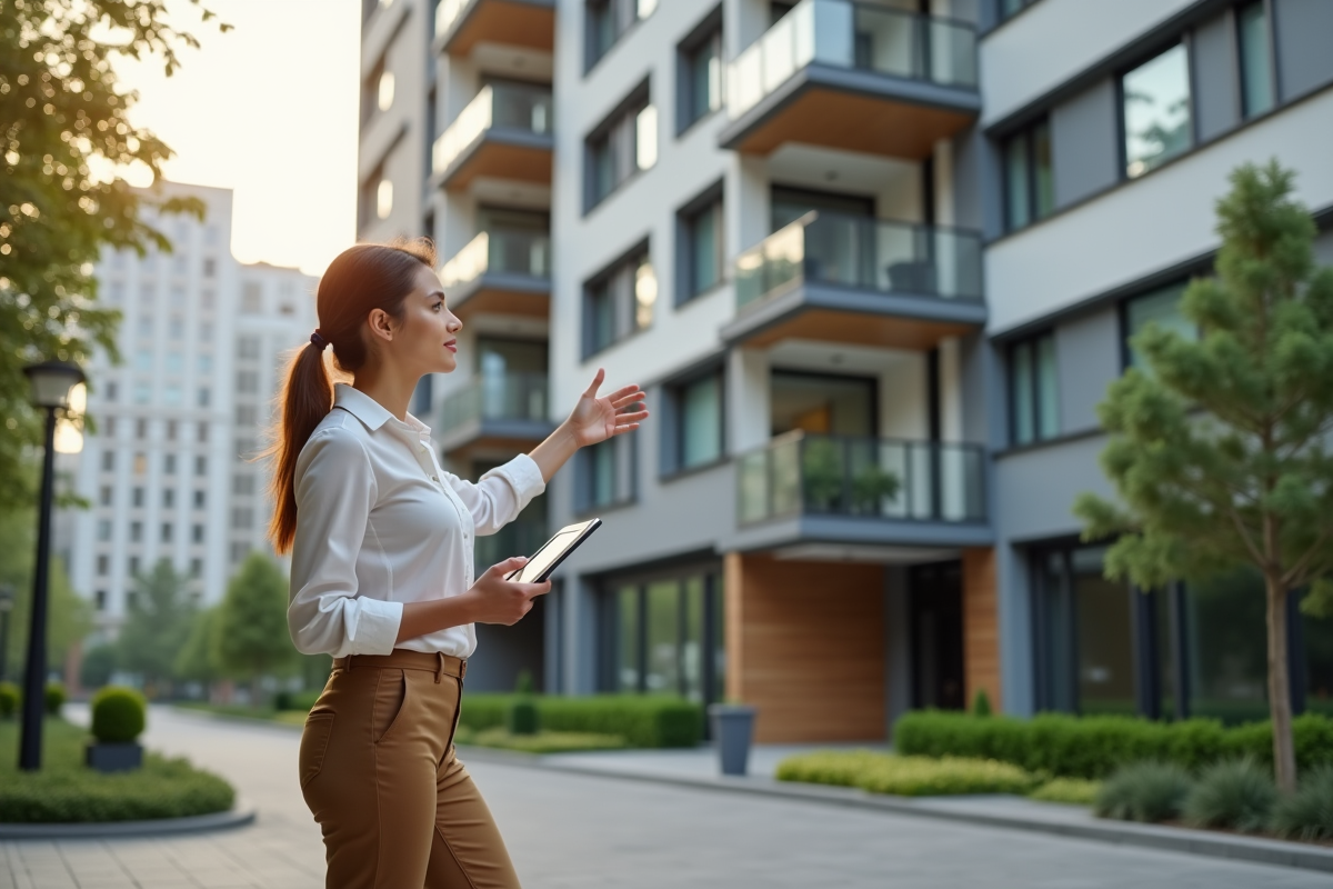 Jeune femme observant un immeuble rénové en extérieur