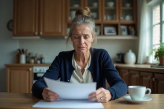 Femme inquiète examinant des papiers dans la cuisine