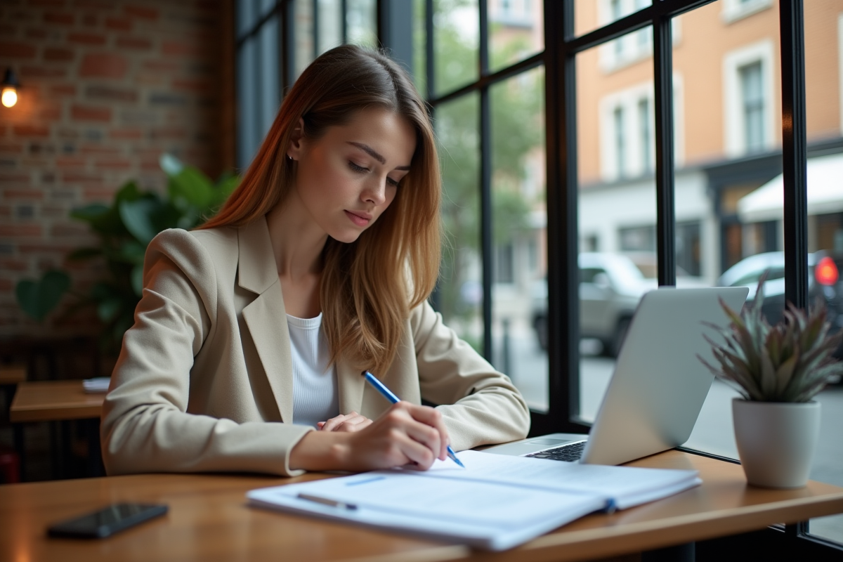 Jeune femme en tenue décontractée analysant un rapport d