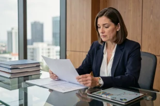 Femme investisseur analysant un portefeuille de SCPI sur tablette et documents imprimés dans un bureau moderne