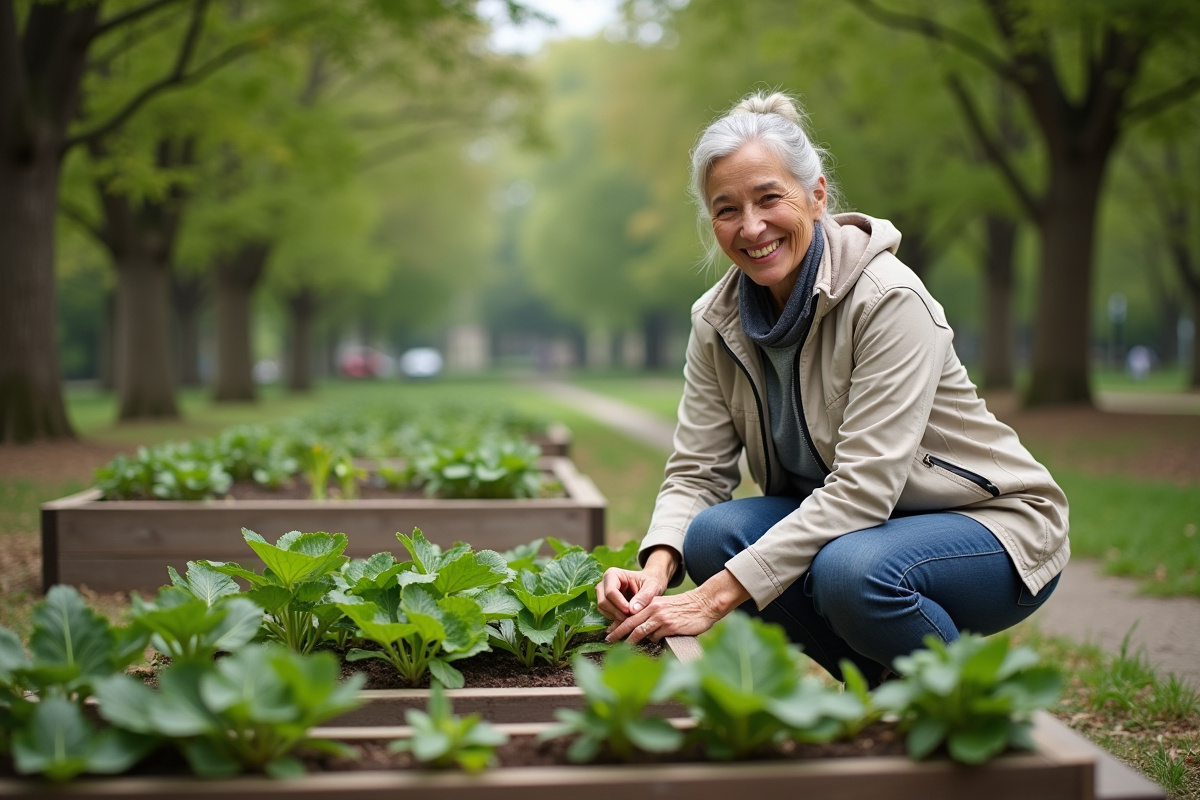 Femme d age en jardinage dans un jardin communautaire verdoyant