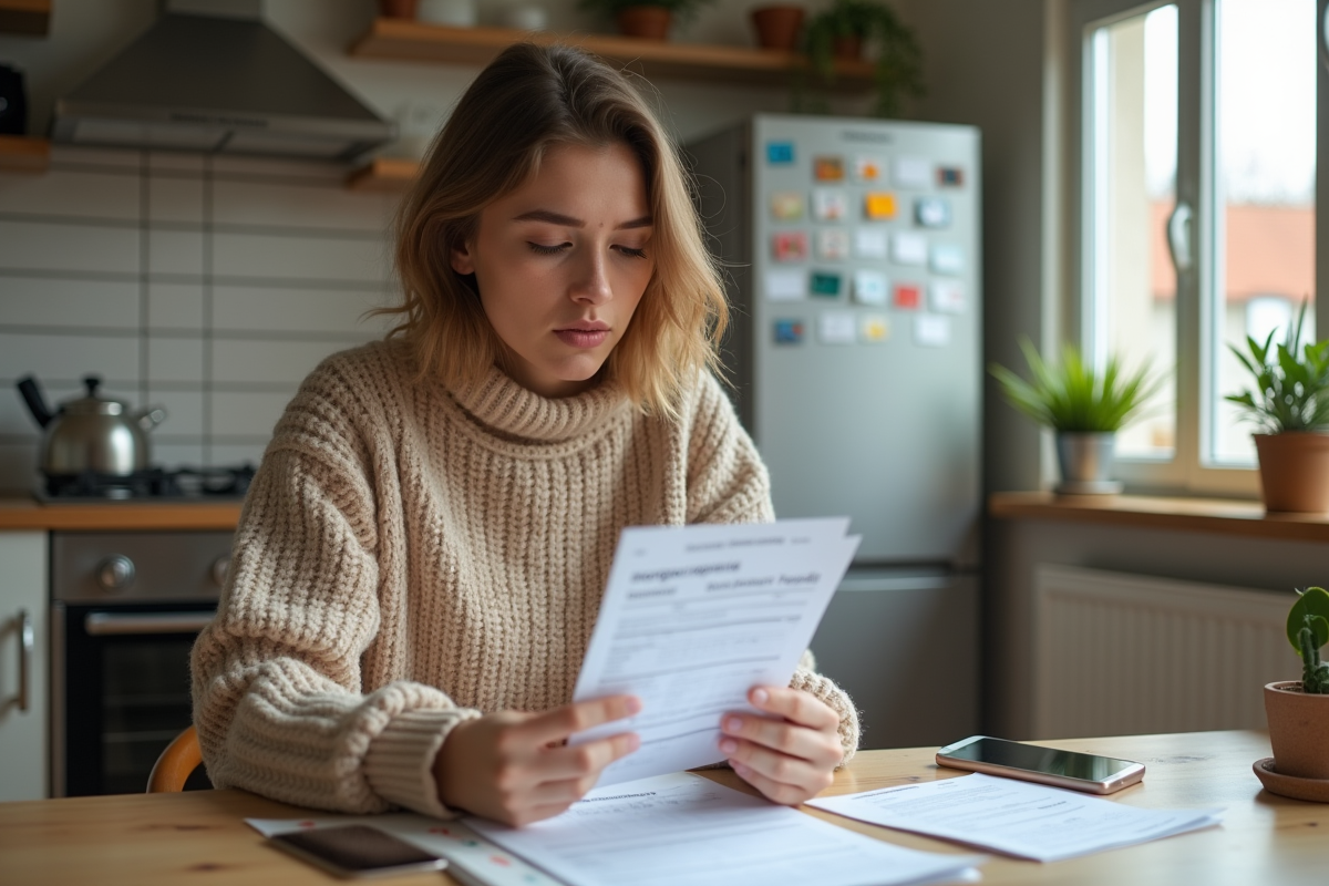 Jeune femme analysant ses documents financiers à la maison