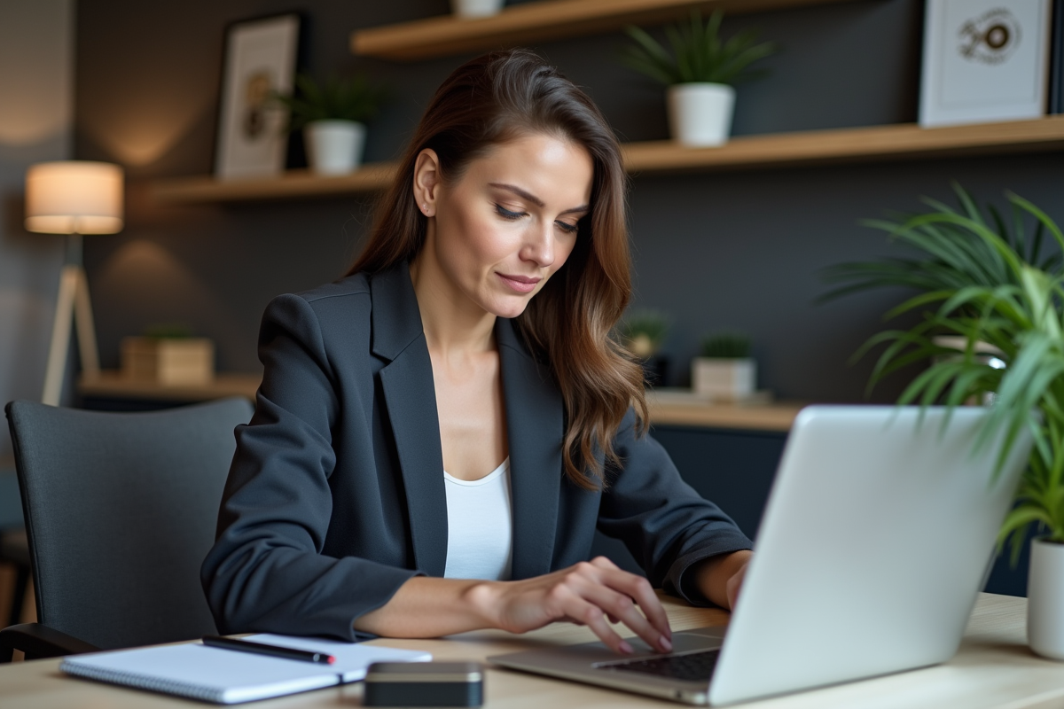 Femme confiante en blazer regardant des graphiques crypto