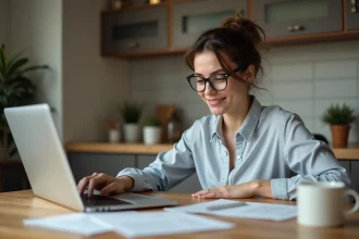 Jeune femme utilisant un calculateur en ligne à la maison